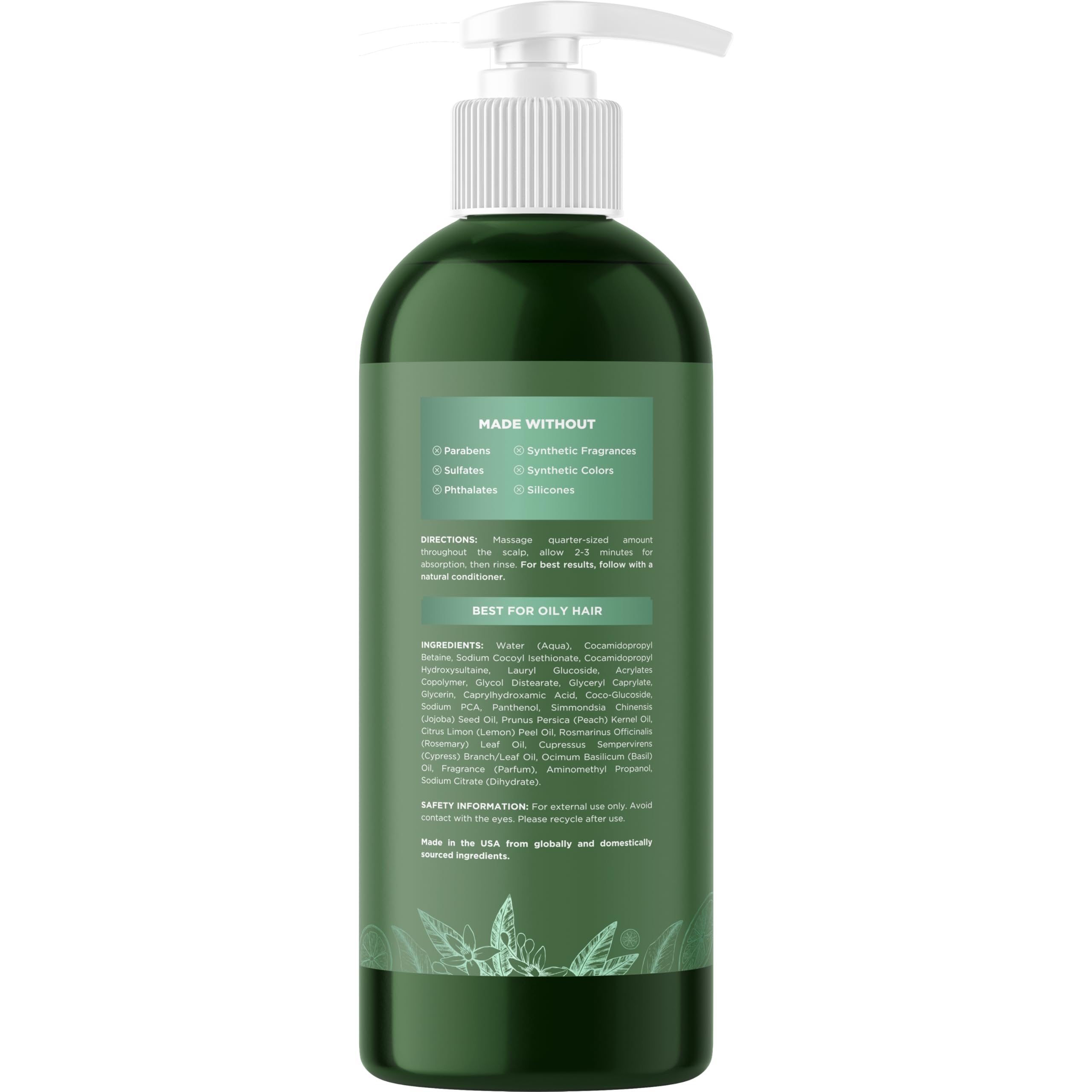 Green bottle of clarifying shampoo, formulated for oily hair, 100% authentic, made without harsh chemicals.