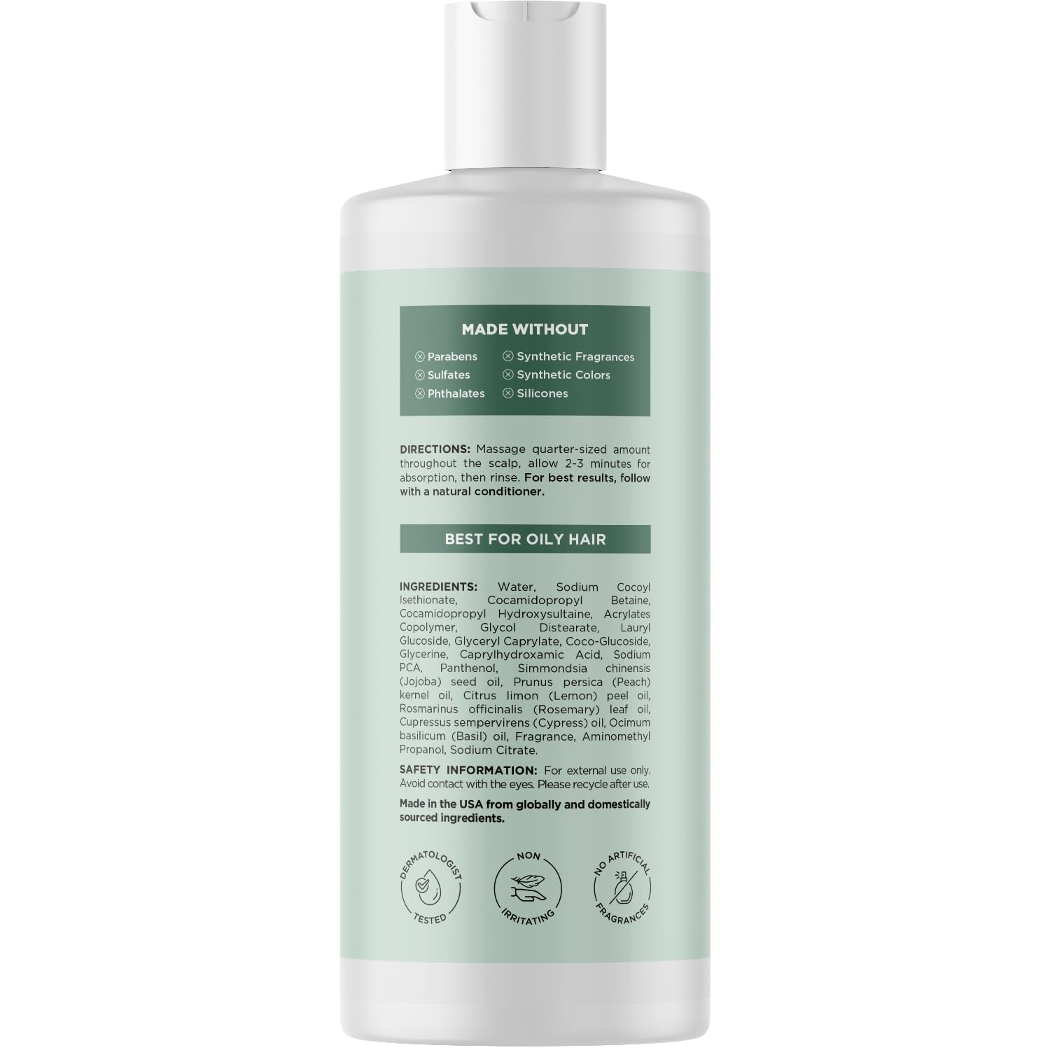 Clear bottle of clarifying shampoo made without sulfates or parabens. Ideal for oily hair, with key ingredients listed.