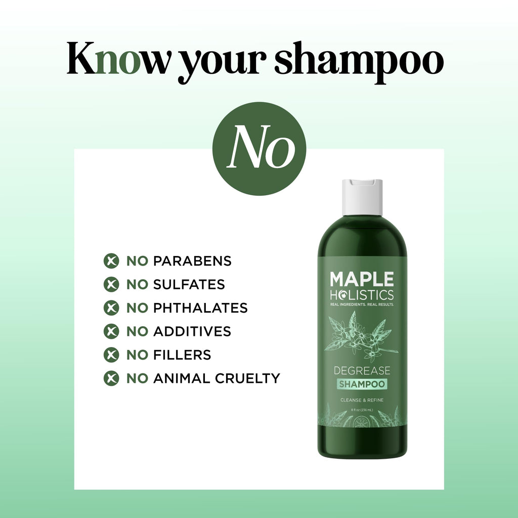 Maple Holistics Degrease Shampoo bottle. No parabens, sulfates, phthalates, or fillers. Verified by CuratCart.