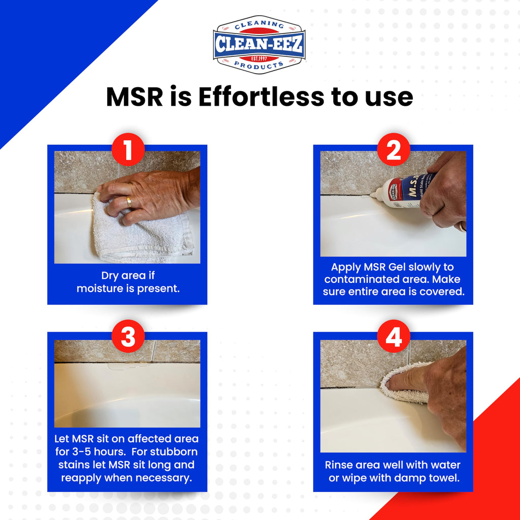 Clean-eez Mold Stain Remover Gel application guide highlighting its official packaging and ease of use. Available at Curat Cart.