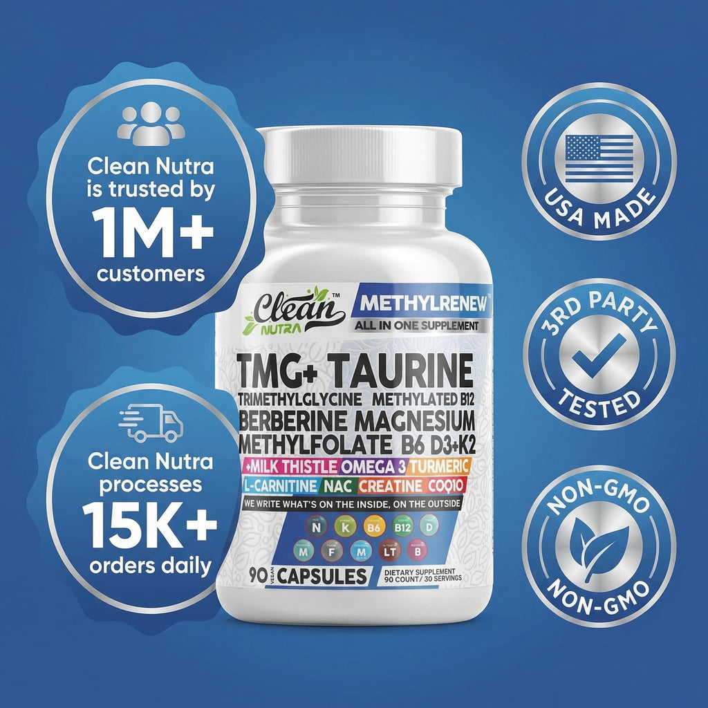 Premium Clean Nutra TMG Supplements in official packaging, featuring high-quality ingredients and third-party testing. Available at Curat Cart.