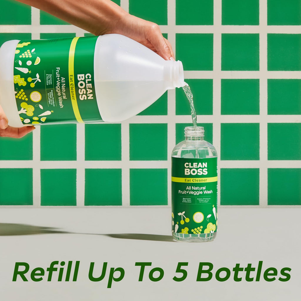 CleanBoss Eat Cleaner Fruit Wash refills up to 5 bottles, perfect for daily use. Available at Curat Cart.