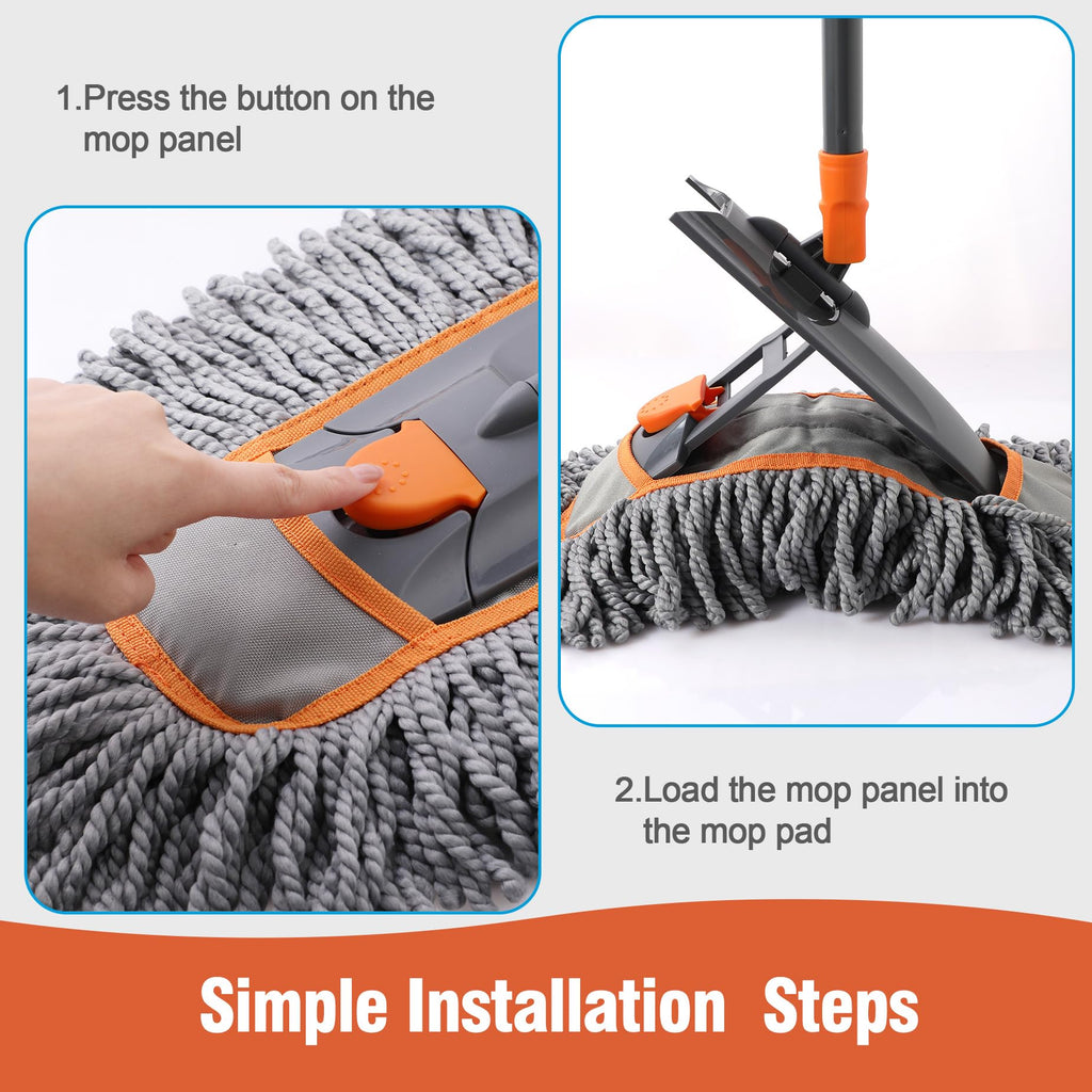 Premium imported microfiber dust mop for floors features simple installation steps, perfect for effortless cleaning. Available at Curat Cart.