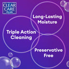 Clear Care Plus Contact Lens Solution showcases triple action cleaning, long-lasting moisture, and preservative-free formula in high-quality packaging. Available at Curat Cart.