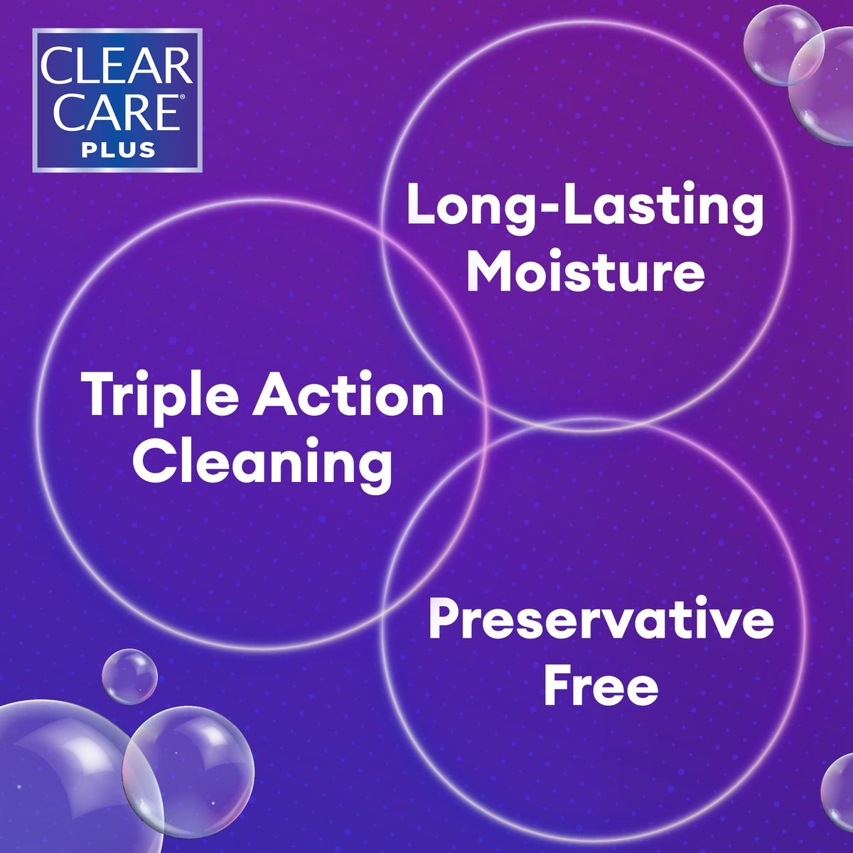 Clear Care Plus Contact Lens Solution showcases triple action cleaning, long-lasting moisture, and preservative-free formula in high-quality packaging. Available at Curat Cart.