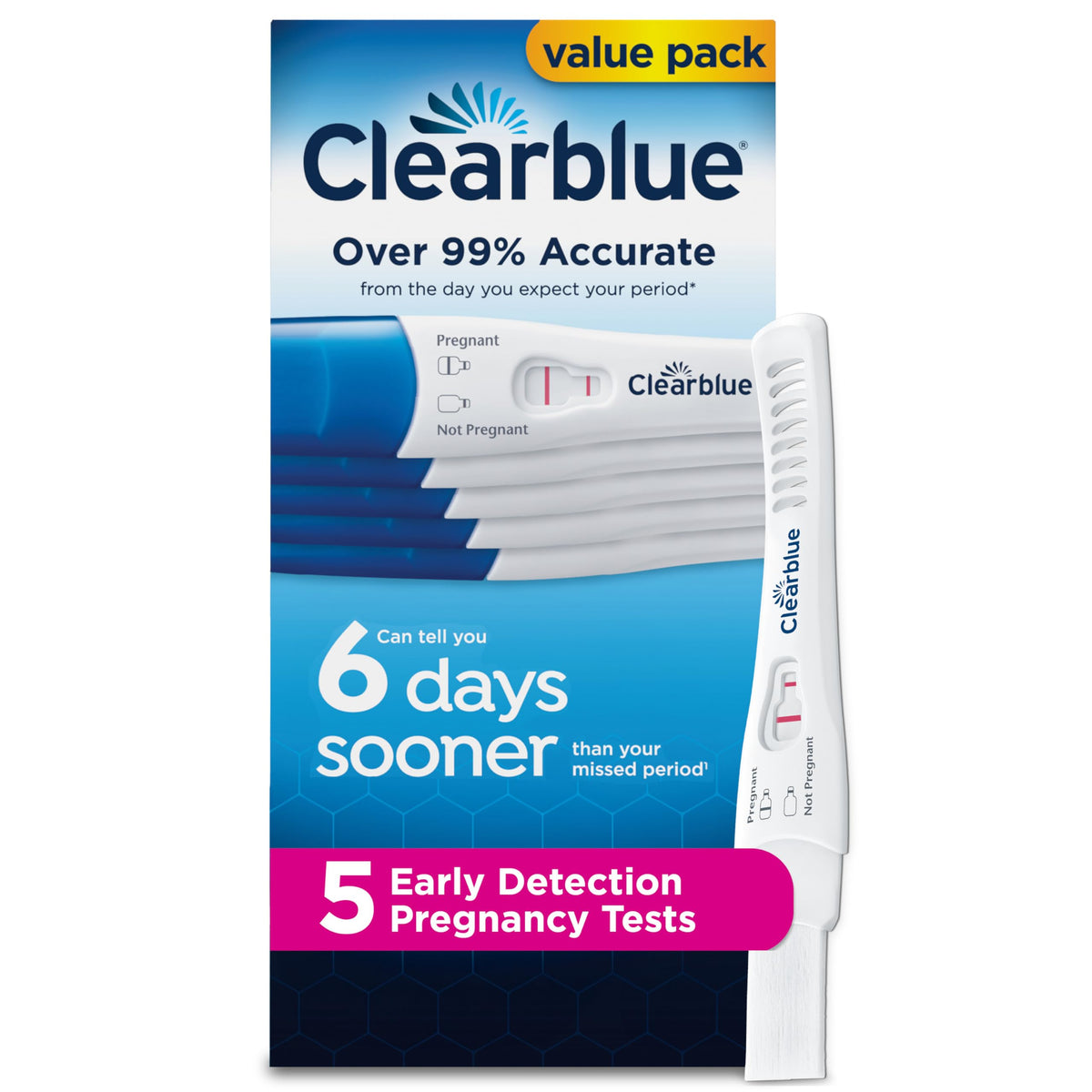 Clearblue Early Detection Pregnancy Test value pack with five tests, promising over 99% accuracy. Reliable results await!