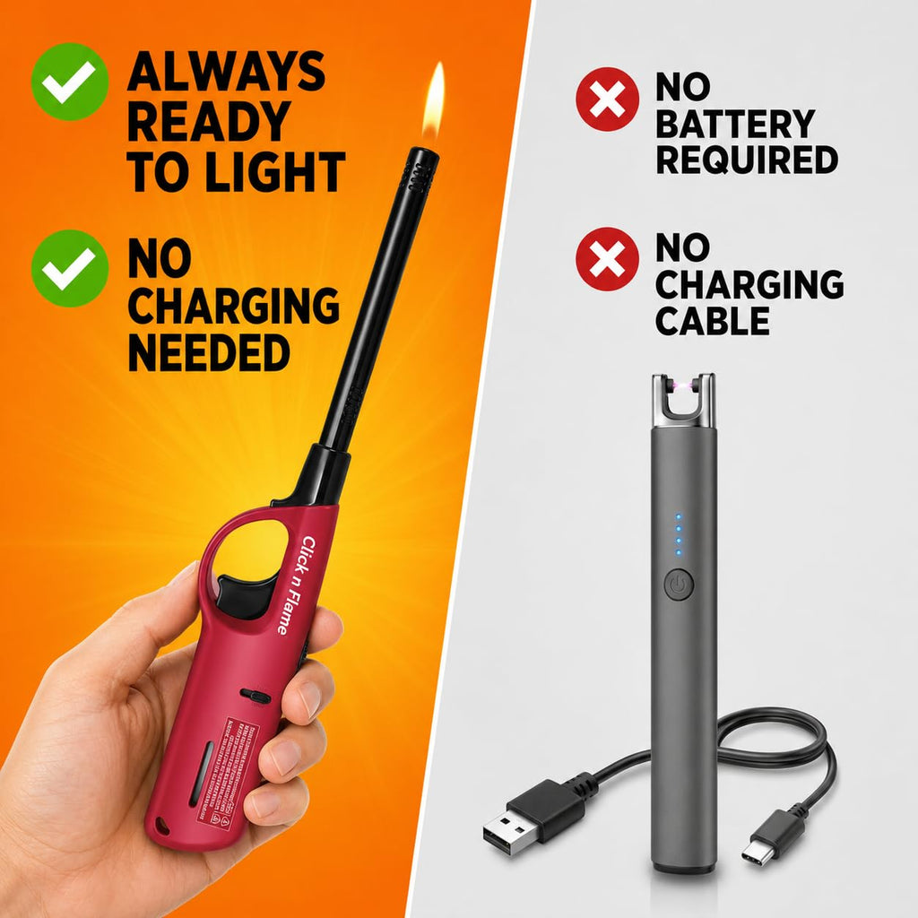 Discover the Click n Flame Utility Lighter, exclusively at Curat Cart. Always ready to light, no batteries or charging needed.