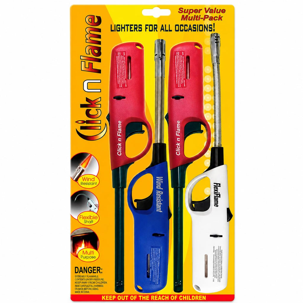 Discover the premium imported Click n Flame Utility Lighter multi-pack, perfect for all occasions. Available at Curat Cart.