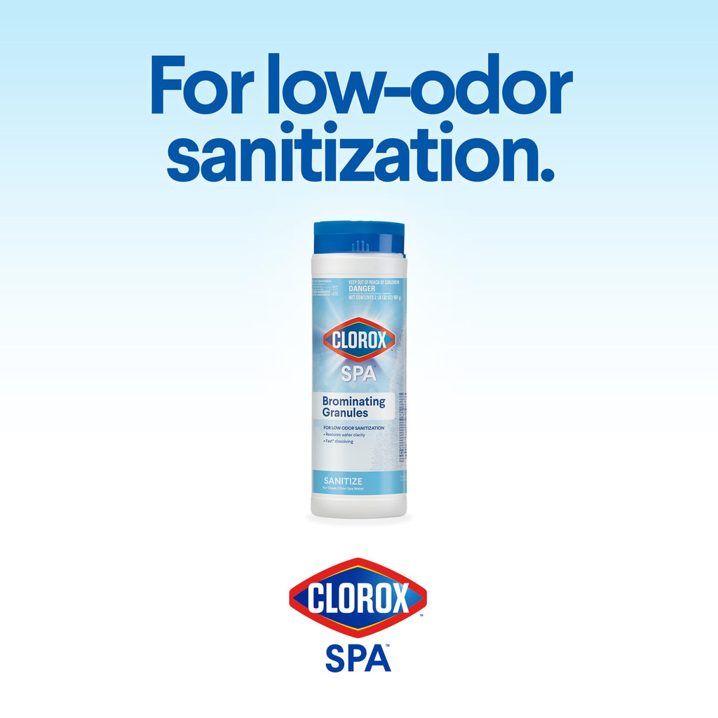 Clorox Pool Spa Brominating Granules in official packaging, designed for low-odor sanitization. Available at Curat Cart.
