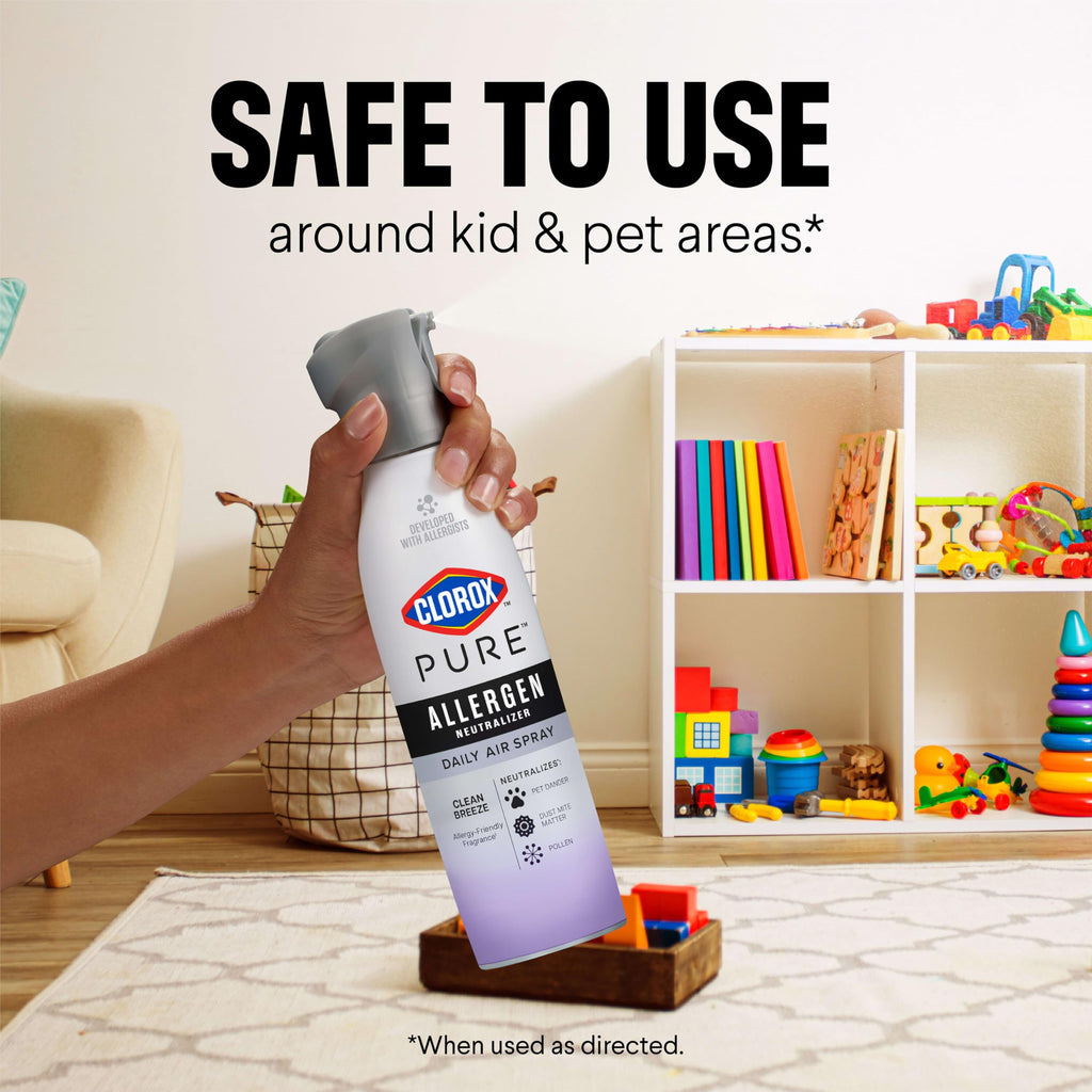 Clorox PURE Allergen Neutralizer Spray in official packaging, safe for use around kids and pets. Available at Curat Cart.