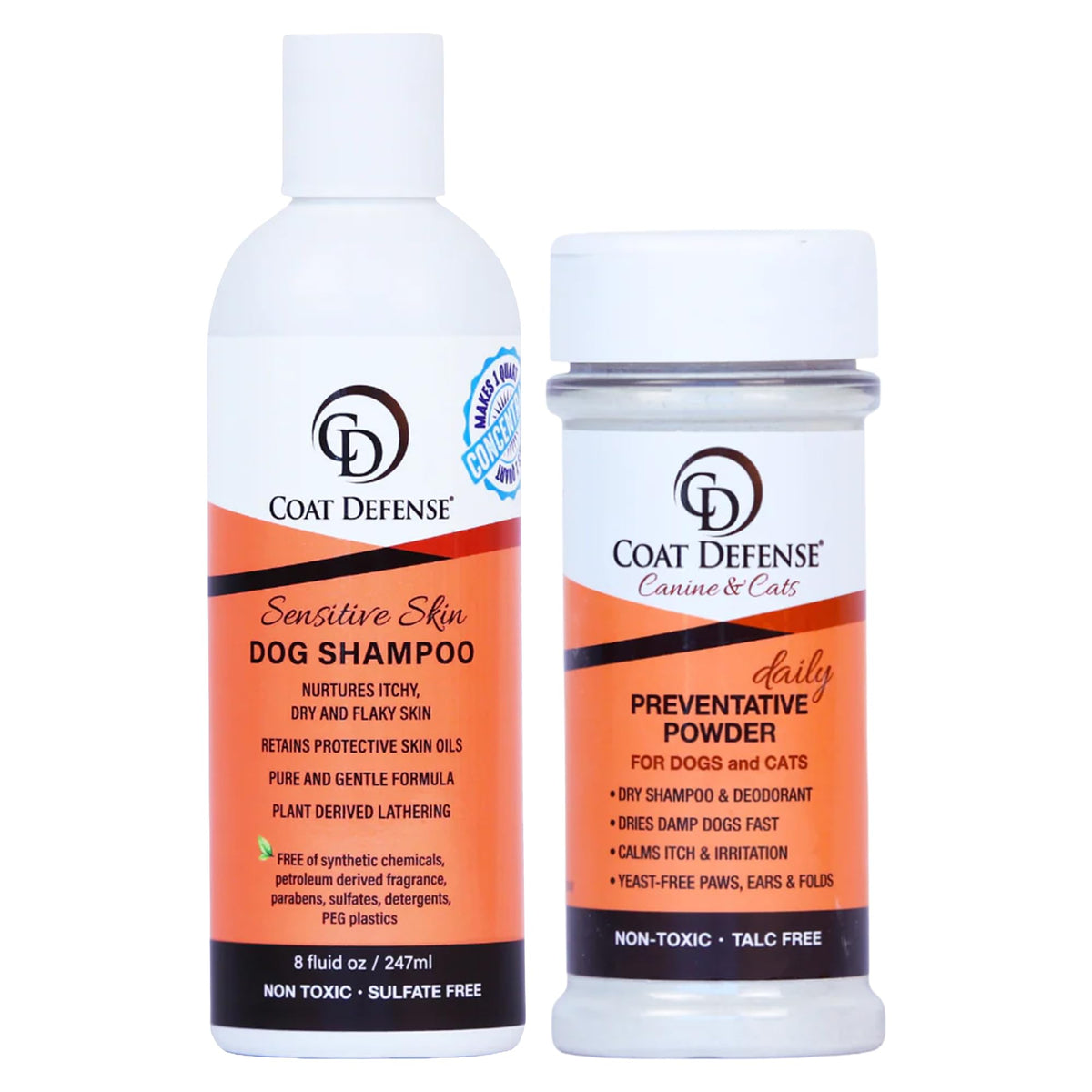 Discover the premium imported COAT DEFENSE Paw Licker Bundle featuring sensitive skin dog shampoo and preventative powder for pets. Available at Curat Cart.