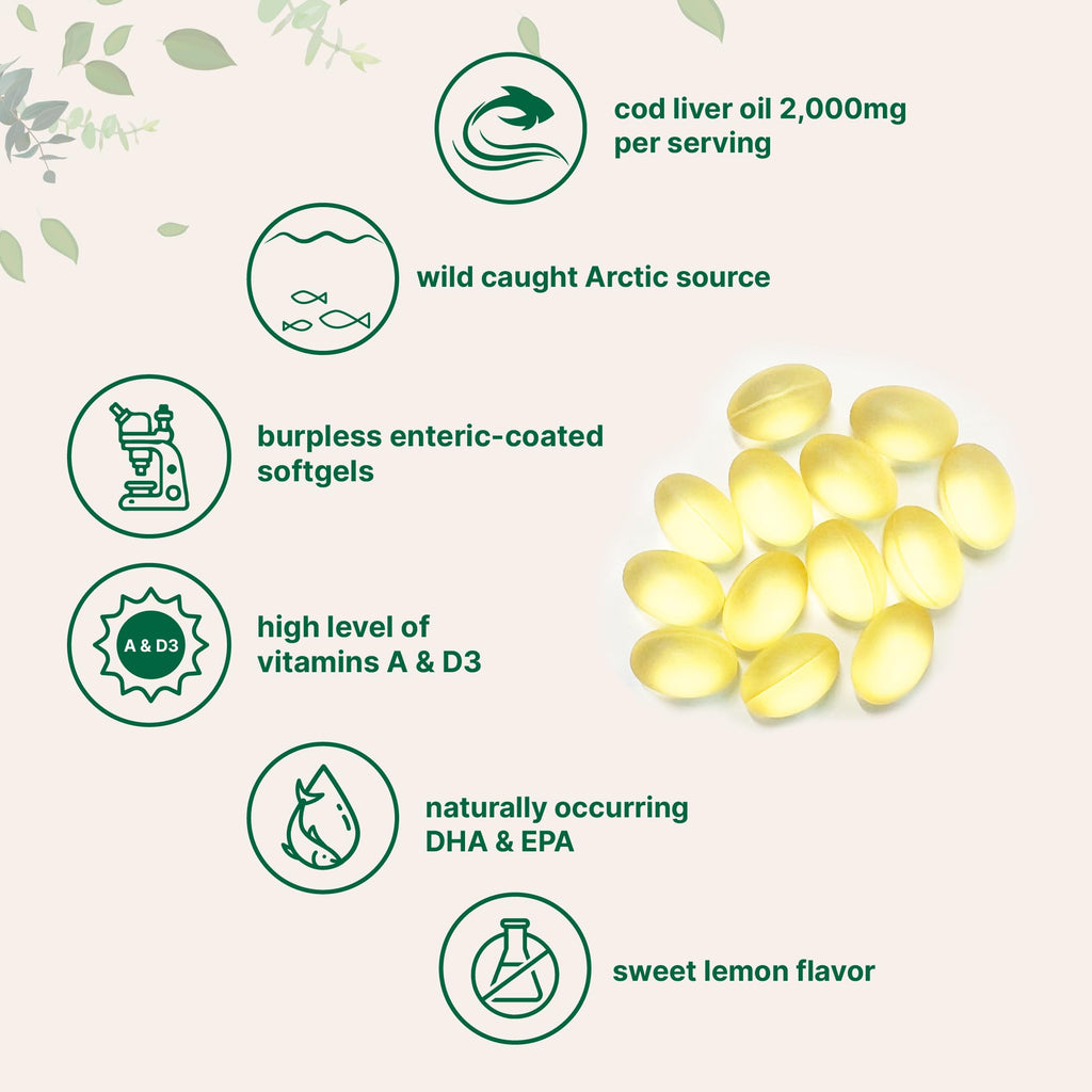 Premium Cod Liver Oil Softgels with 2000mg per serving, featuring burpless enteric-coating and high-quality packaging from Curat Cart.