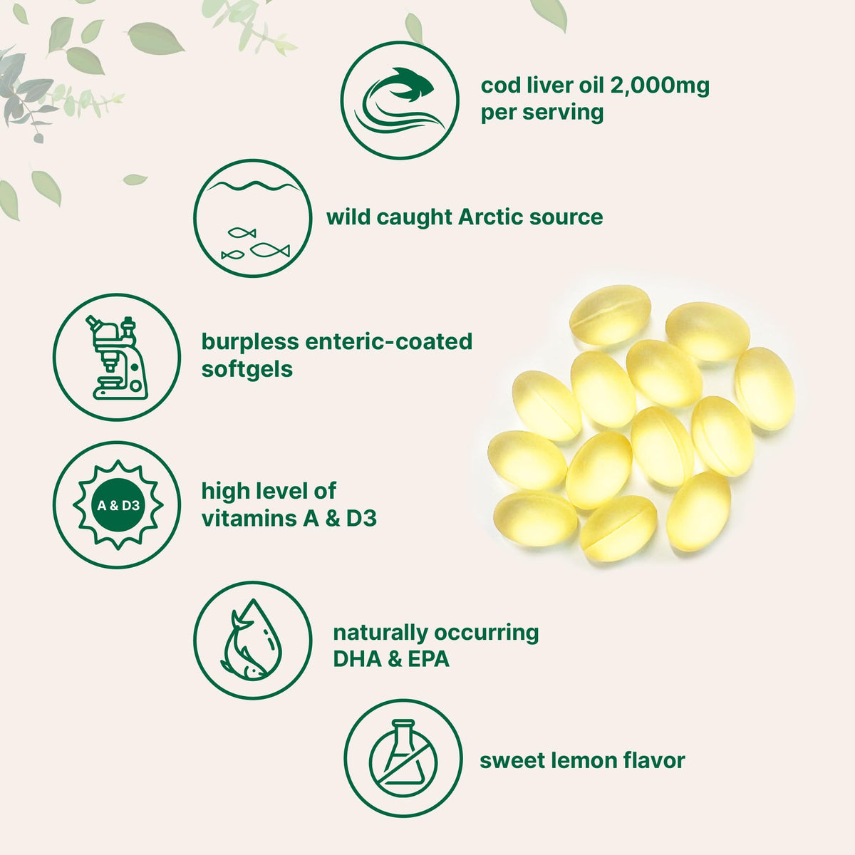 Premium Cod Liver Oil Softgels with 2000mg per serving, featuring burpless enteric-coating and high-quality packaging from Curat Cart.