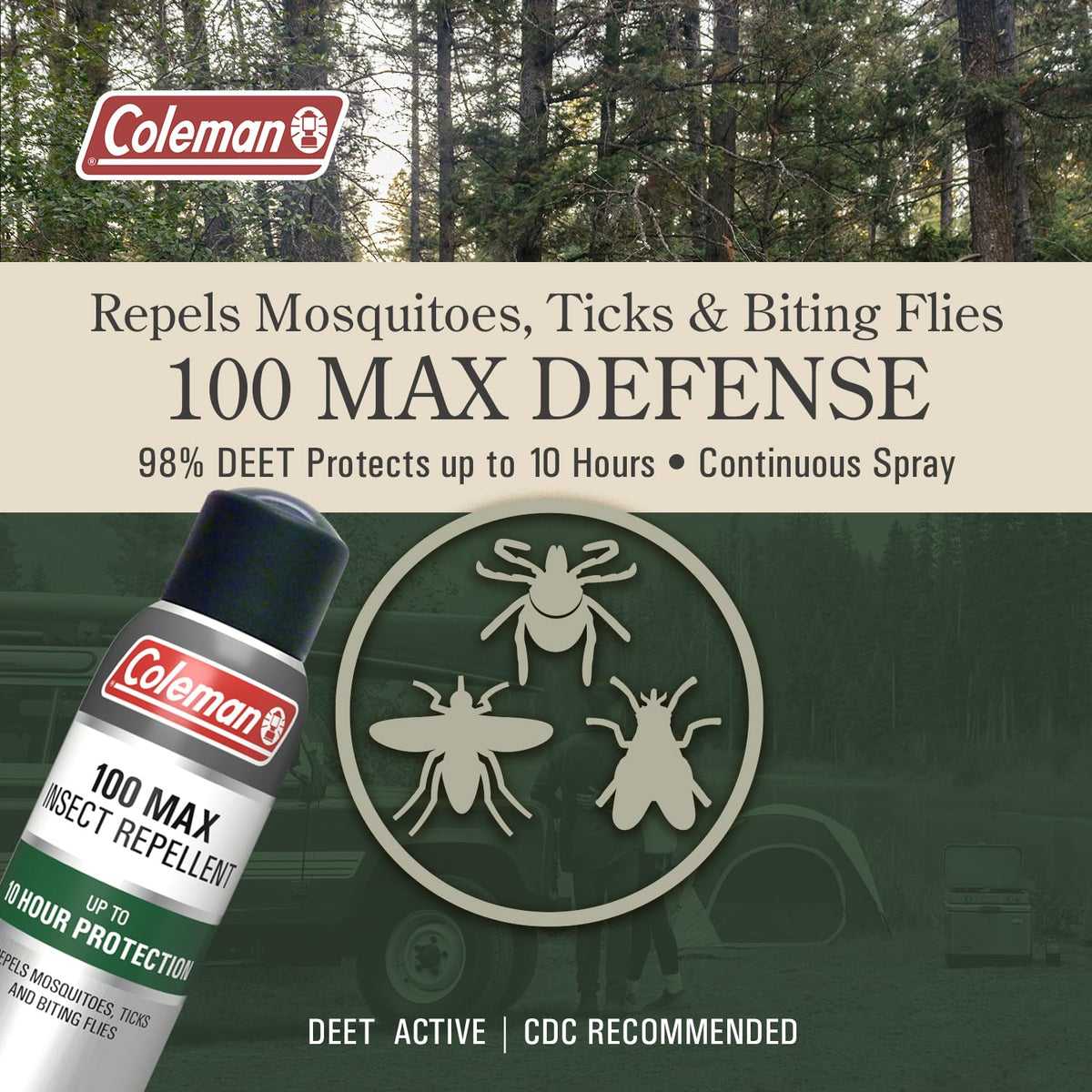 Coleman 100% DEET insect repellent in official packaging, offers 98% DEET for 10-hour protection. Available at Curat Cart.