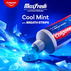 Experience Colgate MaxFresh Toothpaste in Cool Mint variant, featuring breath strips for ultimate freshness. 100% Authentic, available at Curat Cart.