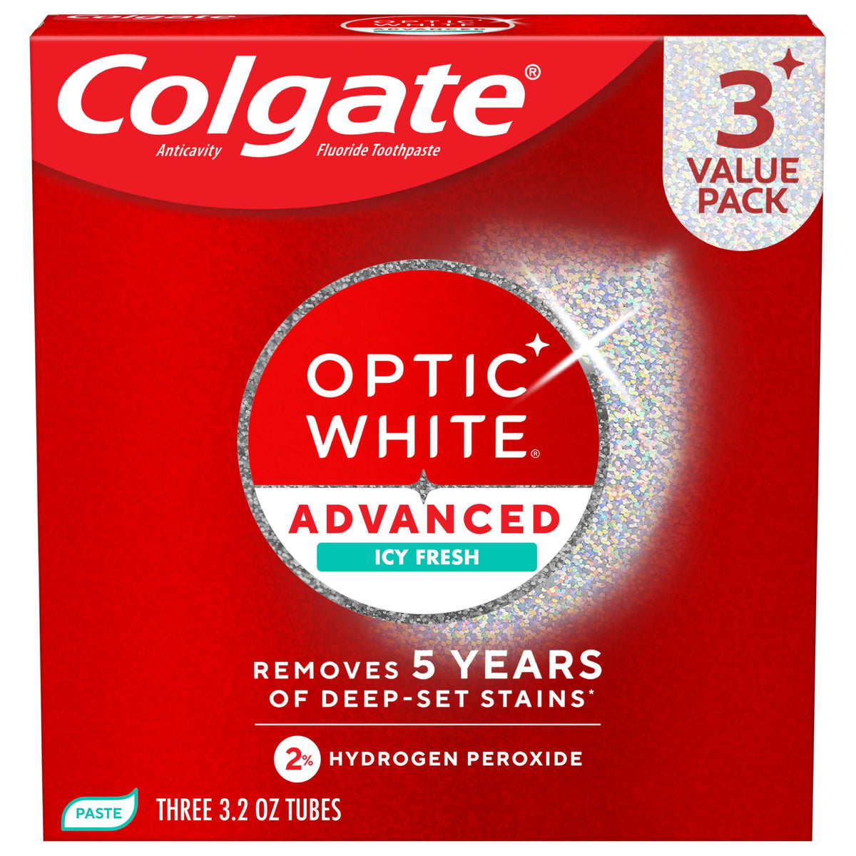 Premium imported Colgate Optic White toothpaste pack, removes 5 years of stains with advanced icy fresh formula.