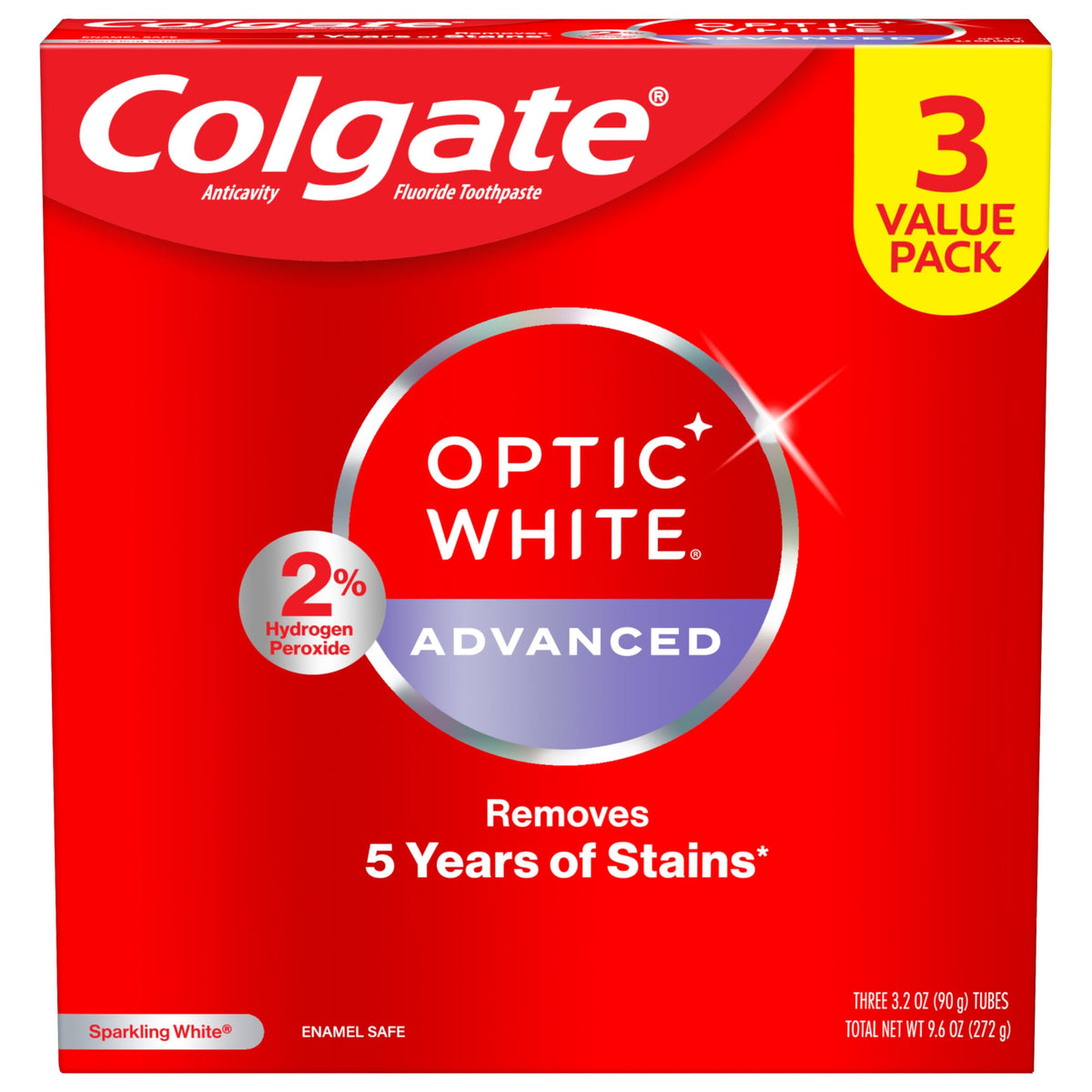 Colgate Optic White toothpaste value pack, removes 5 years of stains. Verified by CuratCart for quality assurance.