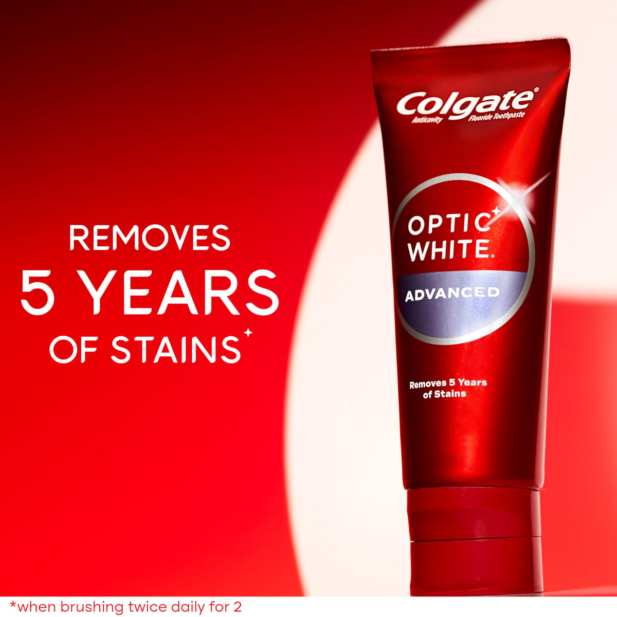 Colgate Optic White toothpaste offers 5 years of stain removal. Available in India, order online for brighter smiles.