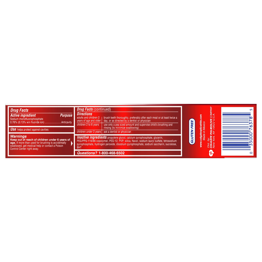 Detailed back packaging of Colgate Optic White Toothpaste, showcasing ingredients and usage instructions. Available at Curat Cart.
