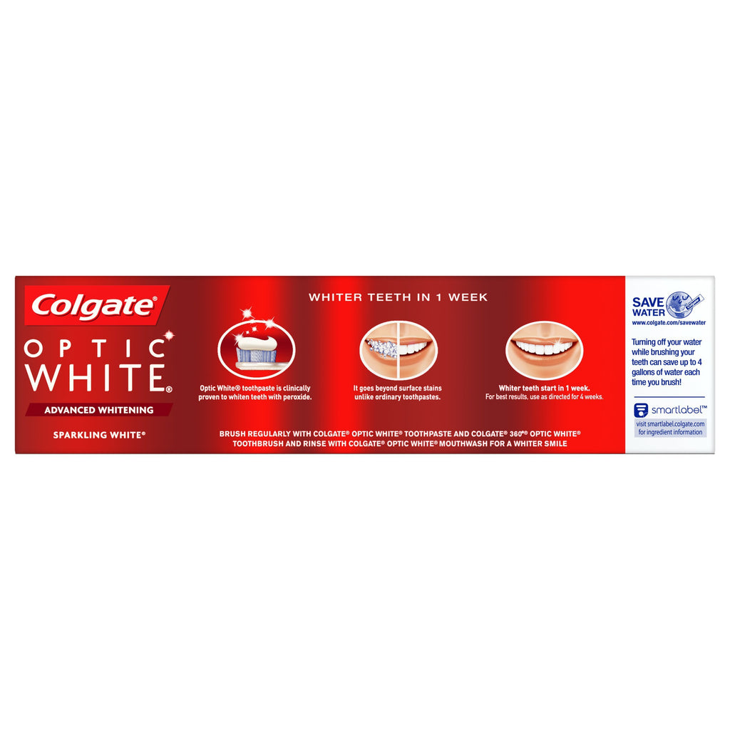 Colgate Optic White toothpaste in official packaging, designed for advanced whitening, available at Curat Cart for brighter smiles.