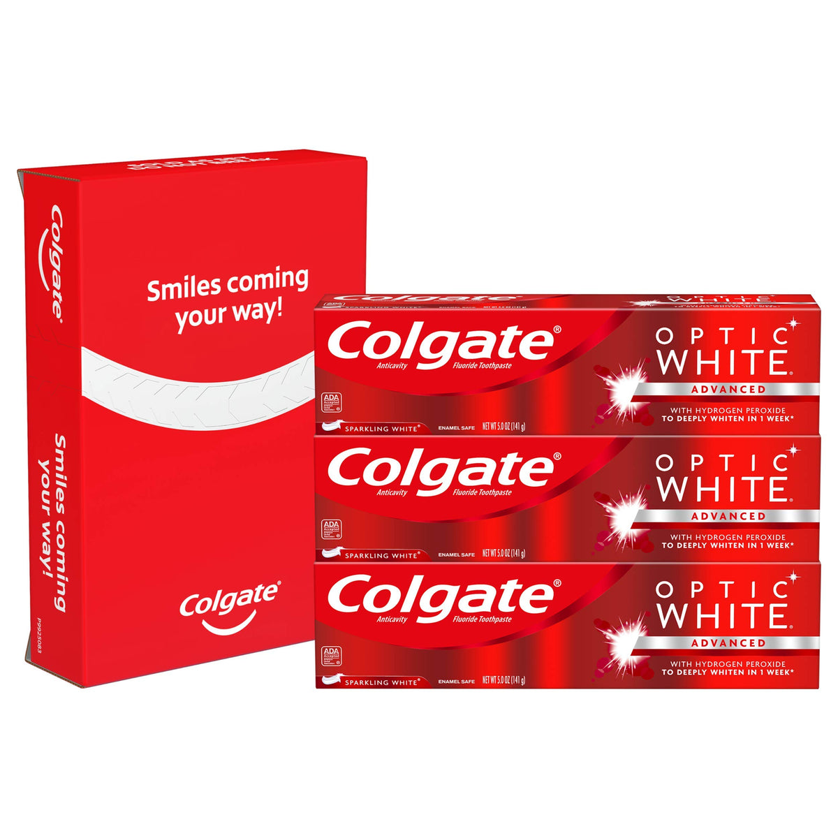 Colgate Optic White Toothpaste set in vibrant packaging, 100% Authentic, available at Curat Cart in India.