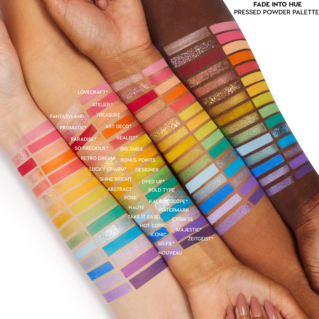 Showcasing ColourPop Stone Cold Fox Eyeshadow Palette swatches on arms, featuring vibrant, blendable colors and textures.