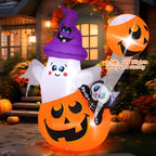 Brightly colored Halloween inflatables featuring a pumpkin, ghost, and cat. High-quality finish, perfect for festive decor. Available at Curat Cart.
