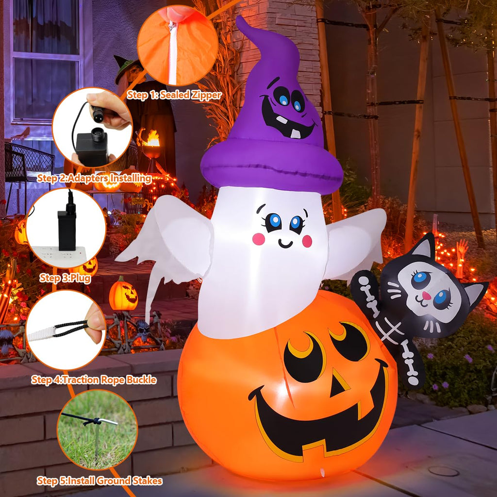Delight in the Halloween Inflatables Pumpkin Ghost Cat, specially curated by Curat Cart for festive cheer. Bright and whimsical decor.