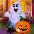 Premium imported Halloween inflatable ghost decoration with colorful lights, alongside a cat and pumpkin, available at Curat Cart.