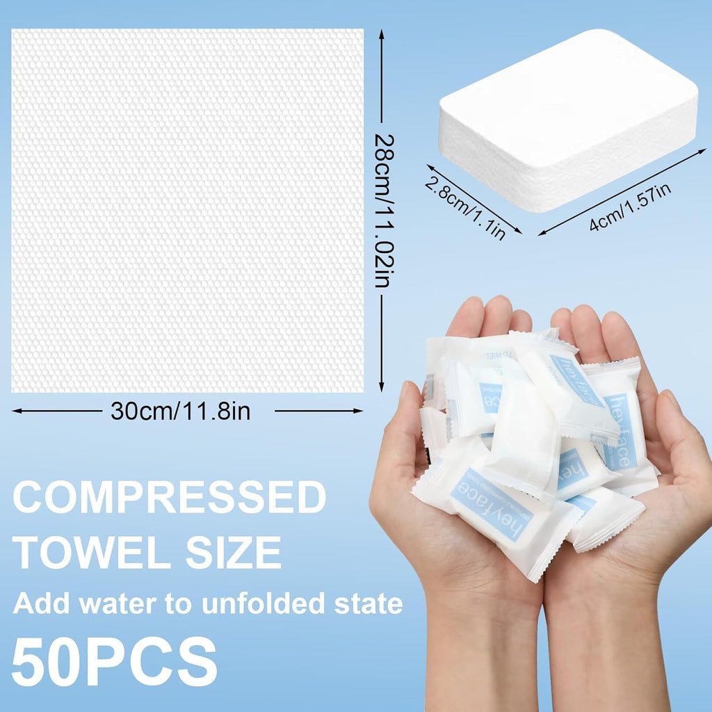 50-pack of compressed towel tablets. Just add water for quick use. Available for order online, perfect for travel.