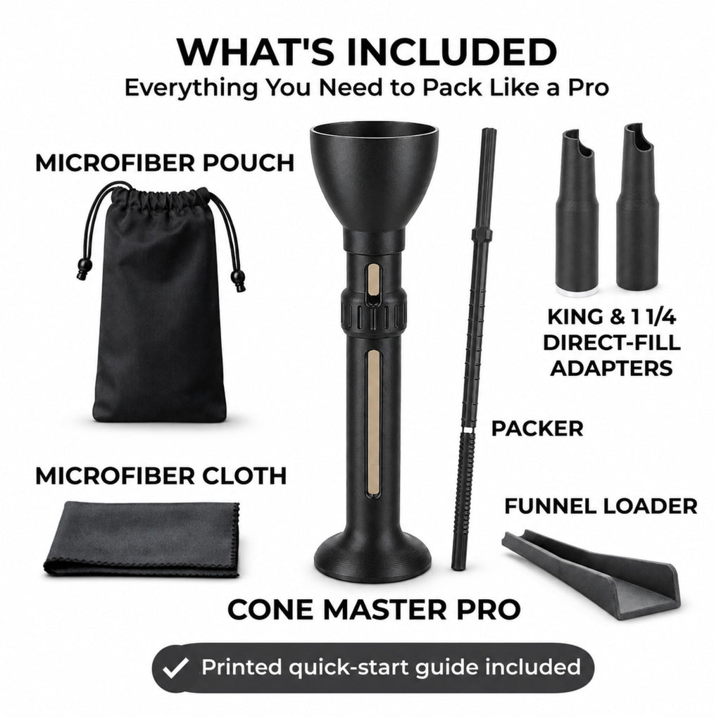 High-quality Cone Loader Kit by Curat Cart, featuring essential tools including adapters and a microfiber pouch for easy packing.