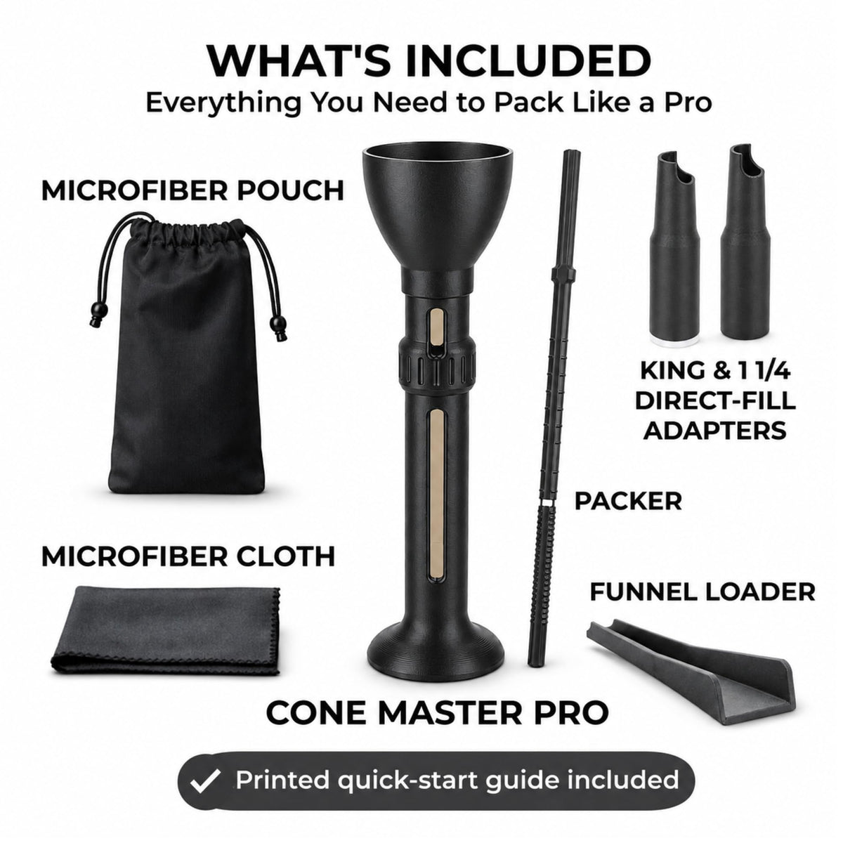 High-quality Cone Loader Kit by Curat Cart, featuring essential tools including adapters and a microfiber pouch for easy packing.