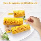 High-quality stainless steel corn holders set showcased with fresh corn, offering convenience and style for your meals. Available at Curat Cart.