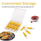 Stainless Steel Corn Holders Set in durable clear plastic box, perfect for easy storage. Available at Curat Cart.