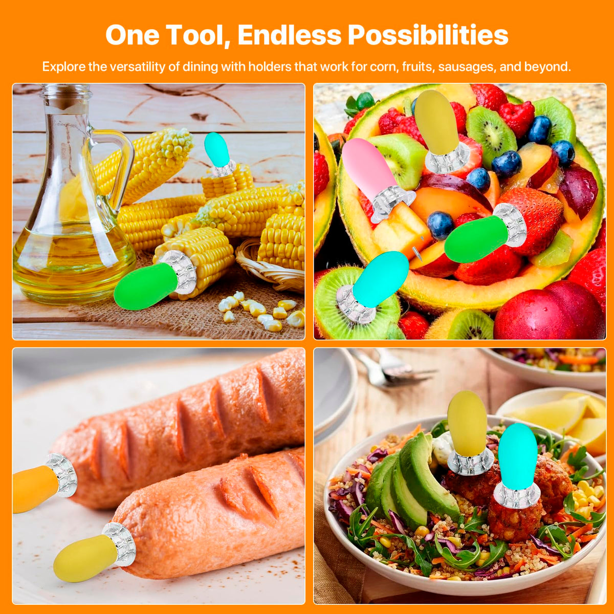Premium imported Corn on the Cob Holders Set showcased in use with various foods. Elevate dining with Curat Cart's versatile tool.
