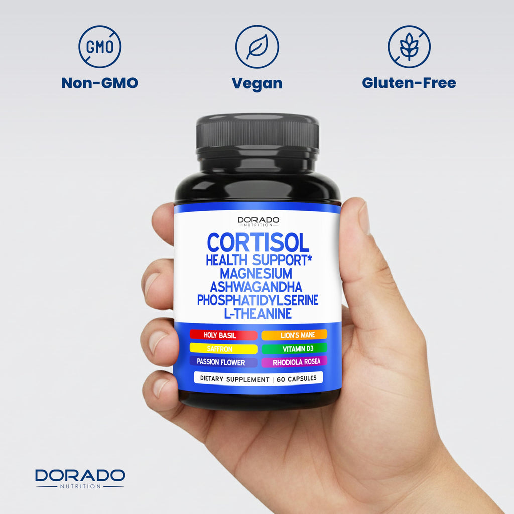 Cortisol Supplements for Balance by Dorado, 100% Authentic, available in India at Curat Cart. Vegan, Non-GMO, Gluten-Free.