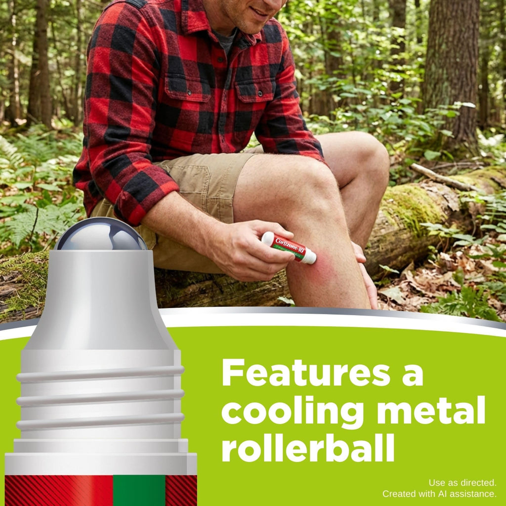 Cortizone-10 Itch Relief Stick features a cooling metal rollerball for soothing relief. Available at Curat Cart.