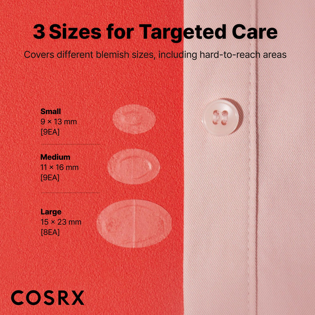 COSRX Acne Patch Centella Blemish Care offers 3 sizes for targeted treatment, ensuring 100% Authentic care available at Curat Cart.