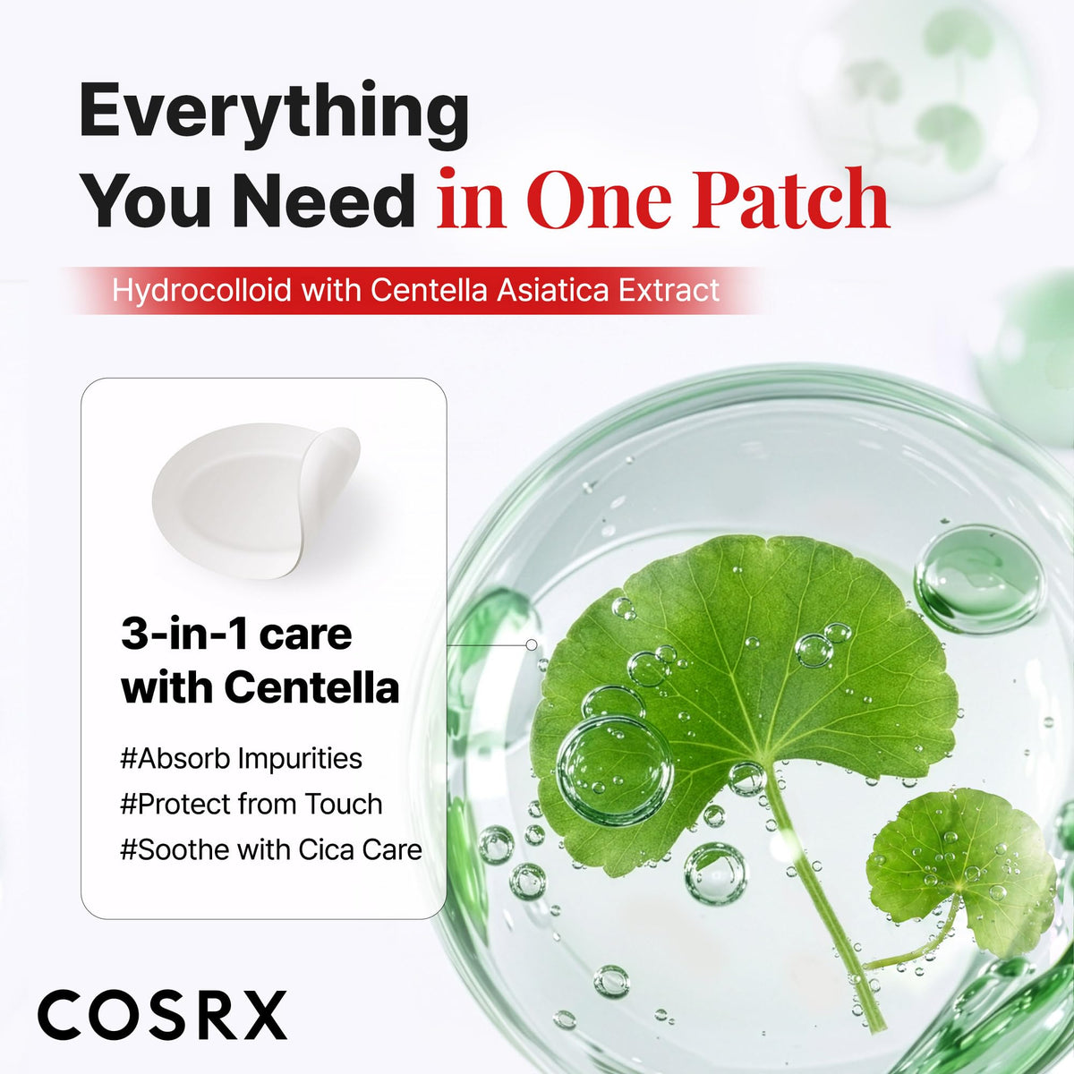 Explore COSRX Acne Patch Centella Blemish Care in premium packaging. Ideal for absorbing impurities and soothing skin. Available at Curat Cart.
