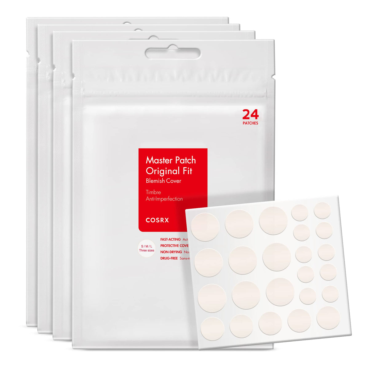 COSRX Acne Pimple Patch Original, featuring 24 fast-acting patches for effective blemish treatment in official packaging.