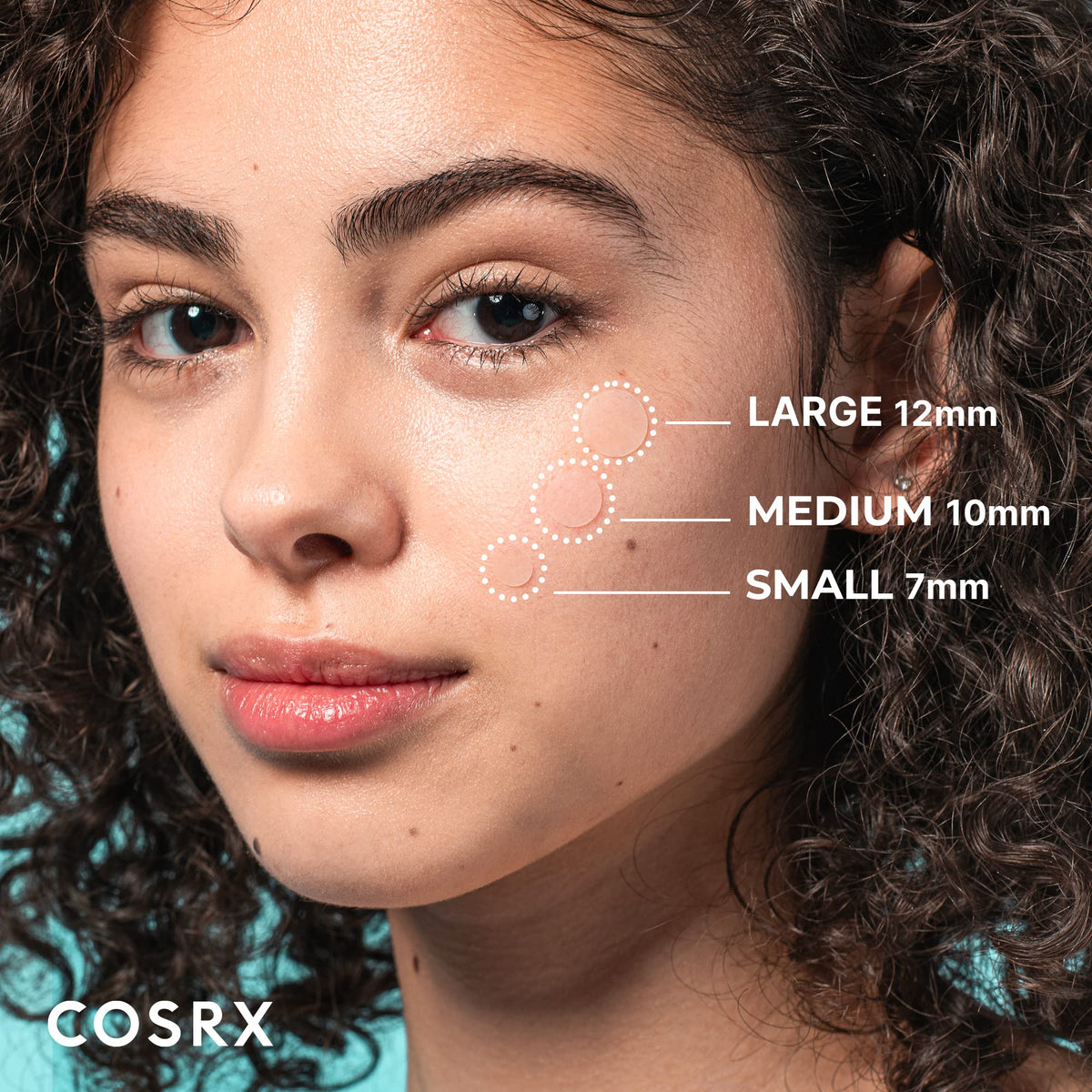 COSRX Acne Pimple Patch Original displayed on model's face, highlighting sizes. Verified by CuratCart for quality assurance.