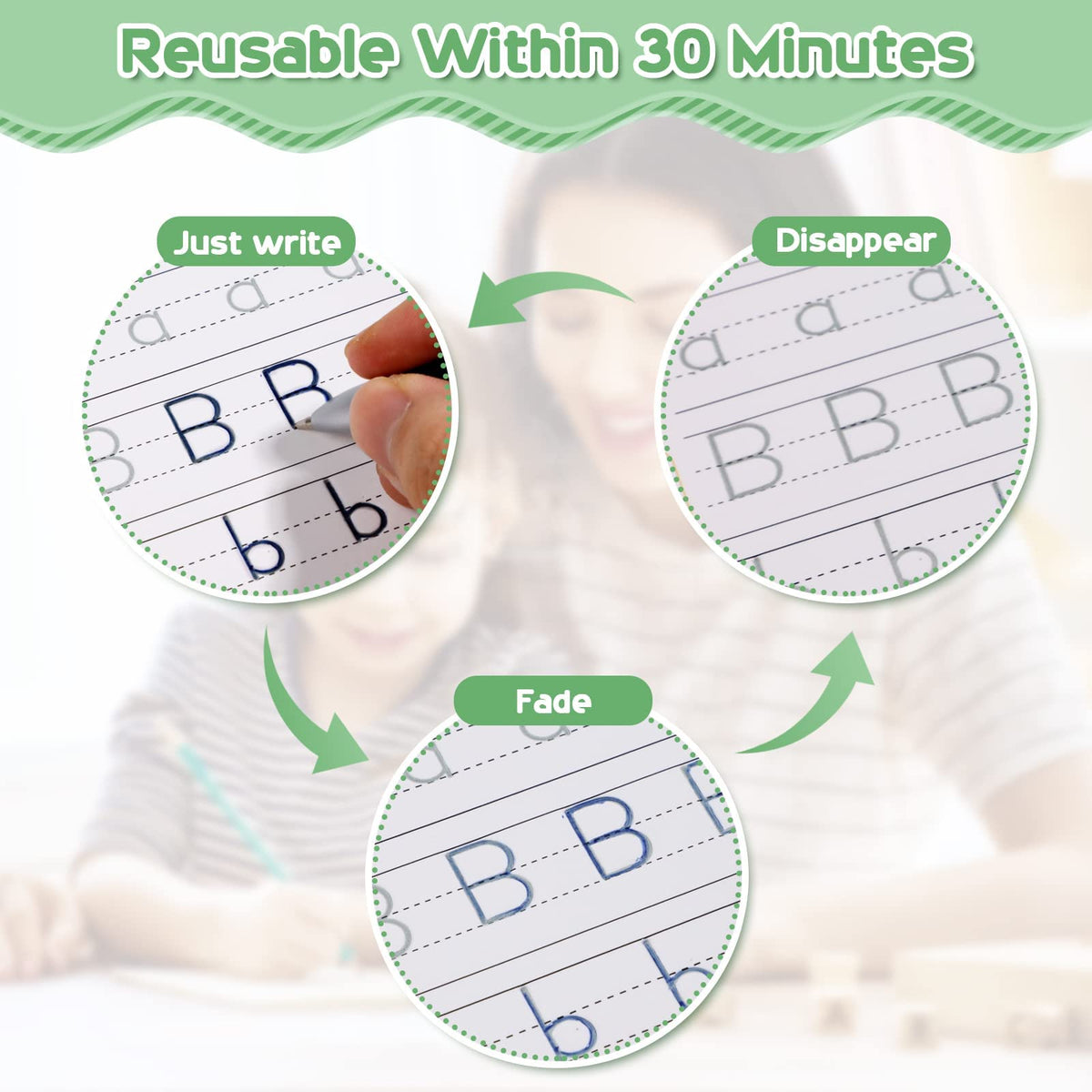 CosyCorner Handwriting Practice Workbook showcases reusable pages that fade within 30 minutes. Available at Curat Cart.