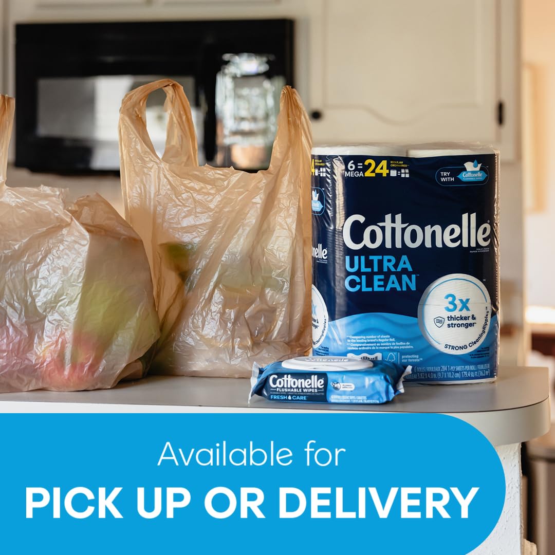 Cottonelle Ultra Clean Toilet Paper in official packaging, showcasing 3x thicker strength. Available at Curat Cart for pick up or delivery.