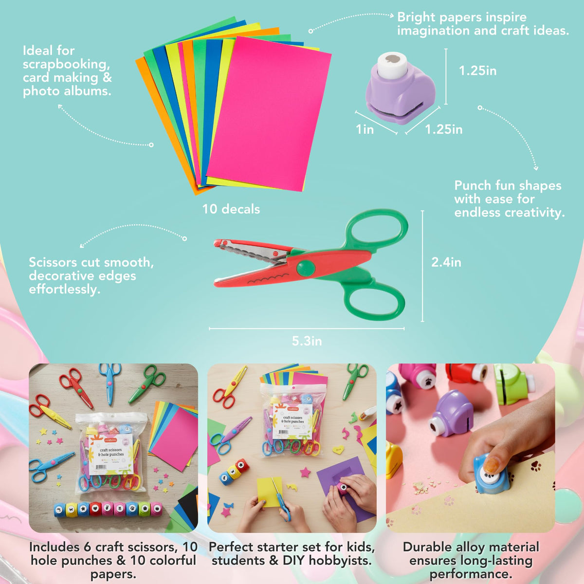 Craft Scissors Set with high-quality finish, includes 6 scissors and colorful papers. Available at Curat Cart for endless creativity.