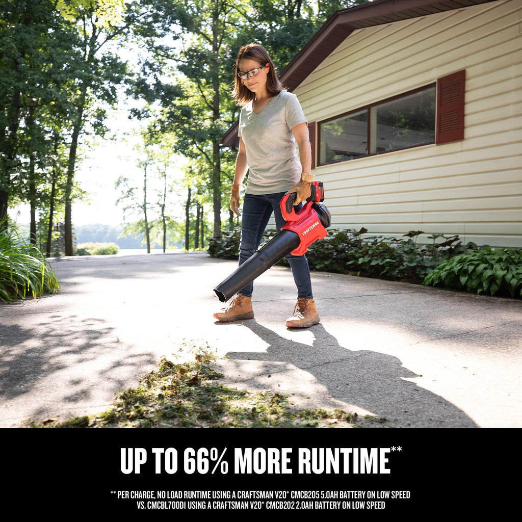 Craftsman Cordless Leaf Blower showcased in official packaging, offering up to 66% more runtime for efficient outdoor cleaning. Available at Curat Cart.