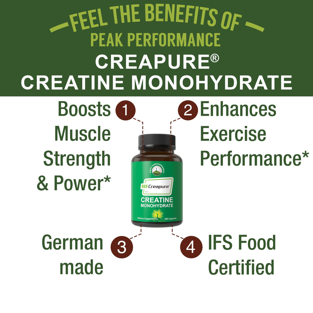 Creapure Creatine Monohydrate in official packaging, enhancing muscle strength and exercise performance. Available at Curat Cart.