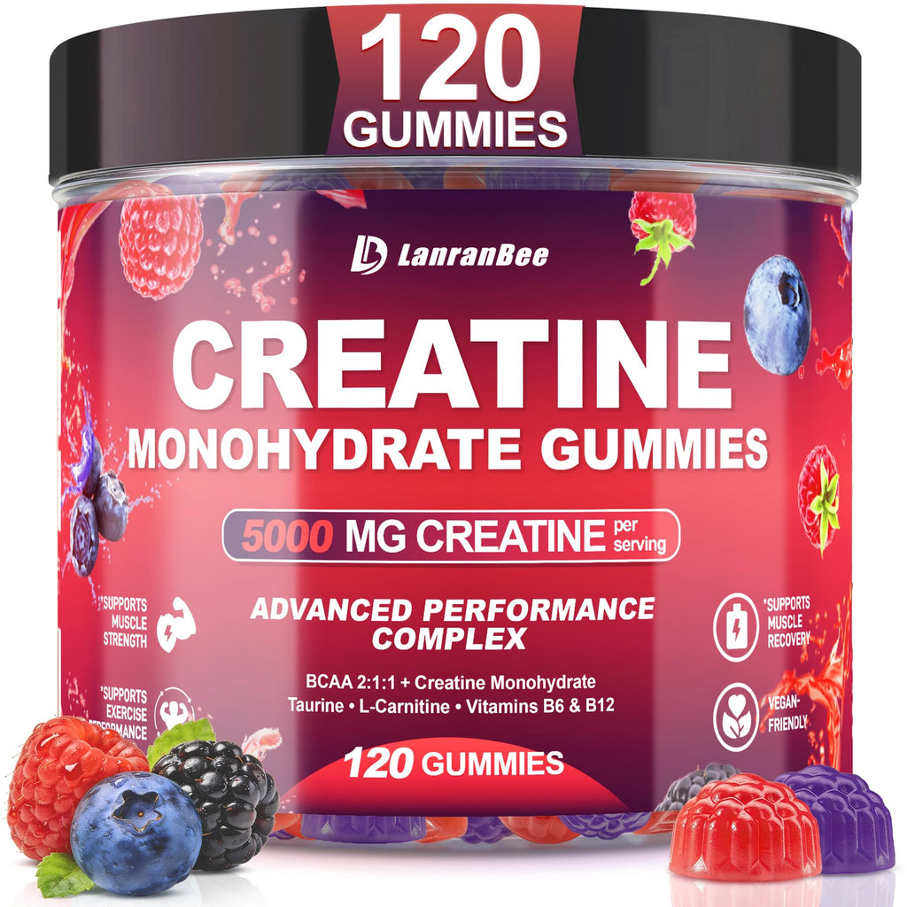 Premium imported Creatine Monohydrate Gummies by LanranBee, offering 5000 MG of creatine per serving for advanced performance. Available at Curat Cart.