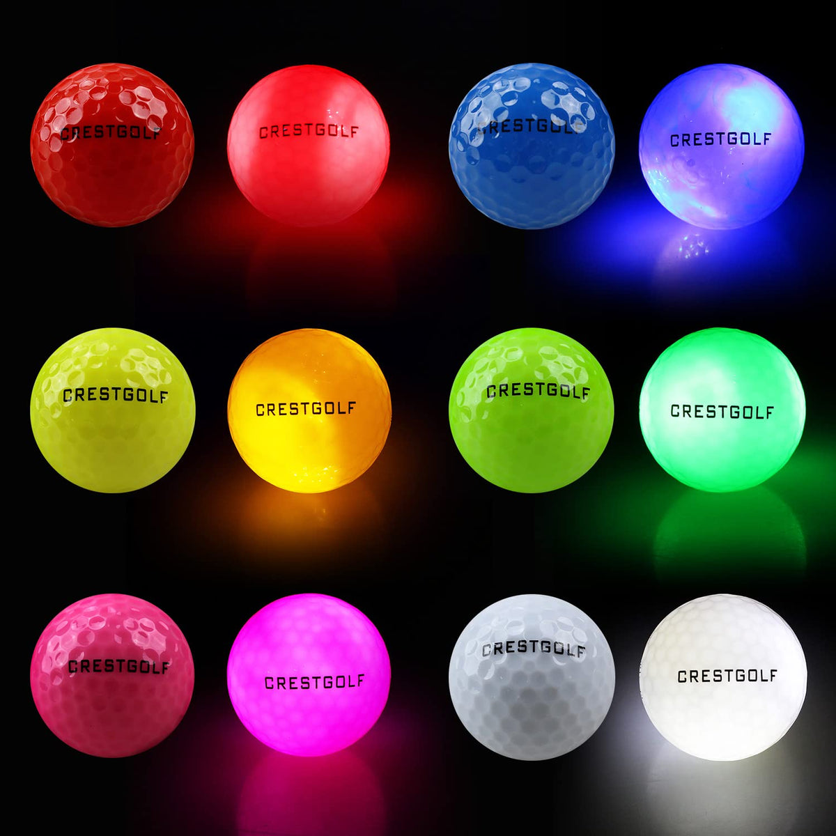 Crestgolf Glow in The Dark Golf Balls in vibrant colors, perfect for night golf games. Available at Curat Cart.