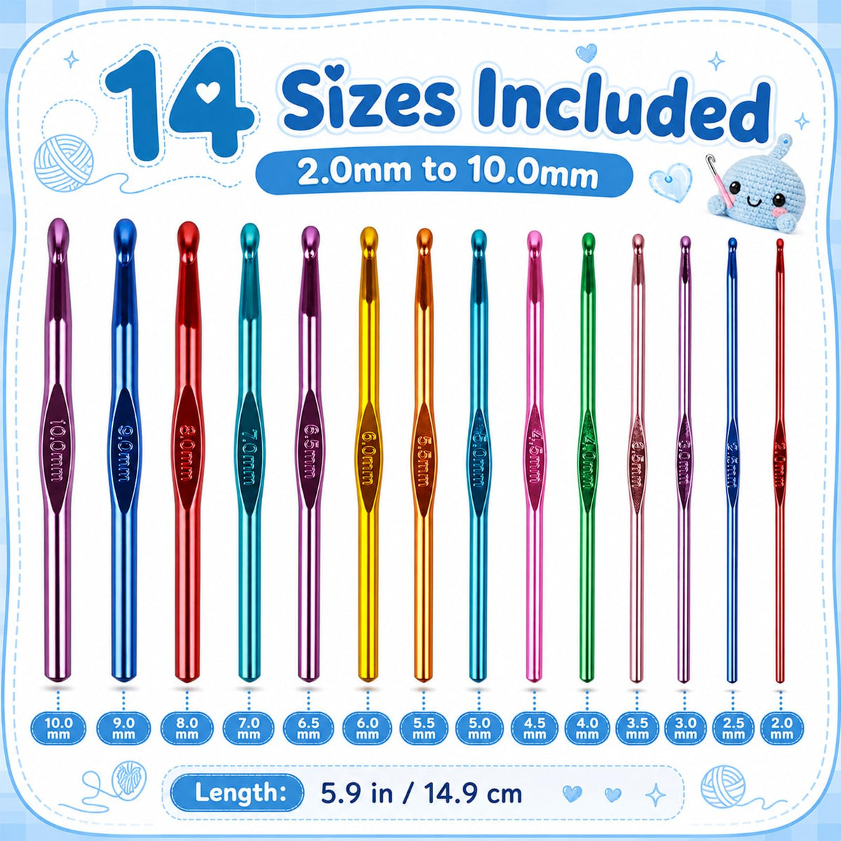 Colorful Crochet Hooks Set for Arthritic Hands, featuring 14 sizes in official packaging from Curat Cart. Perfect for comfortable crafting.