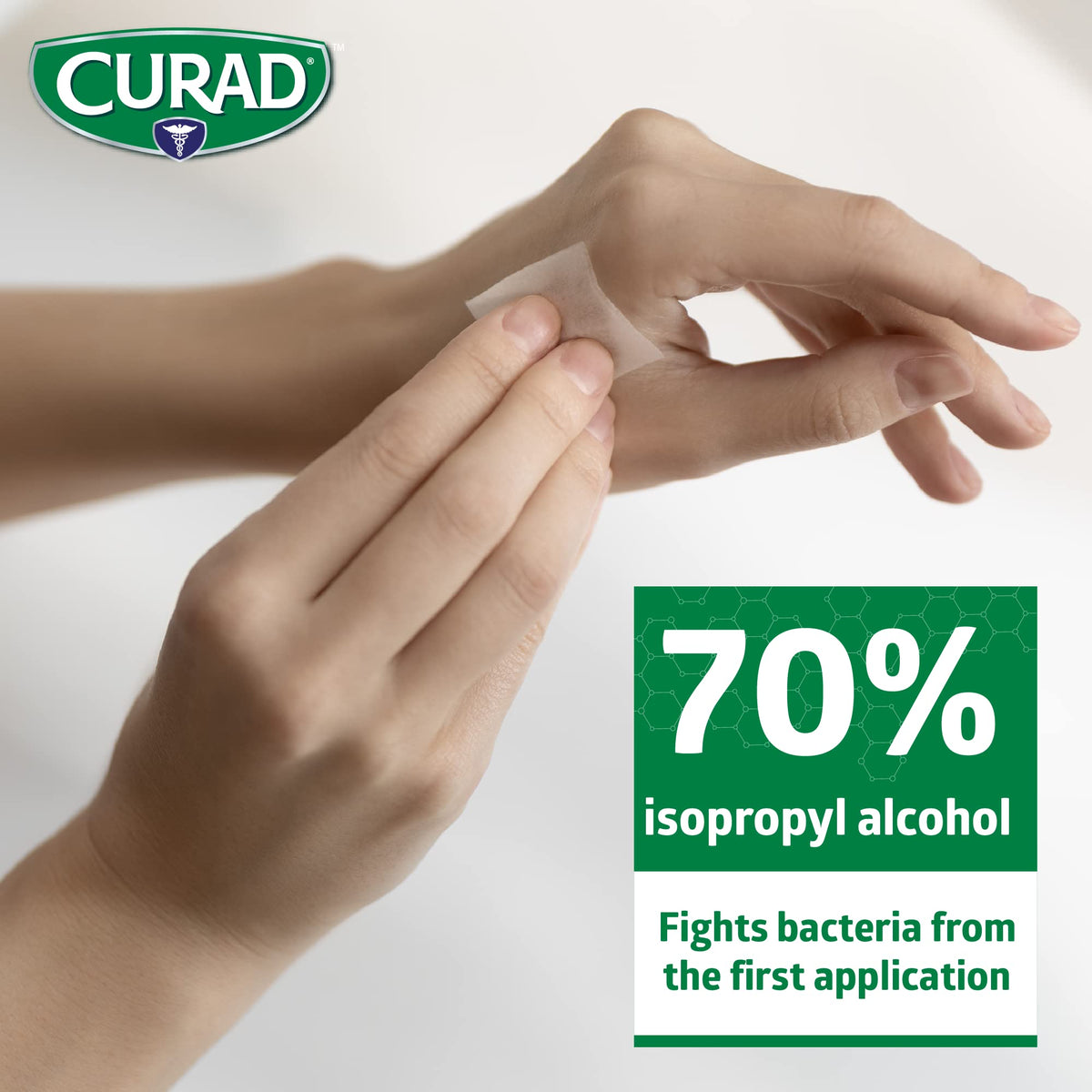 CURAD Alcohol Prep Pads with 70% isopropyl alcohol effectively fight bacteria from the first application. Available at Curat Cart.